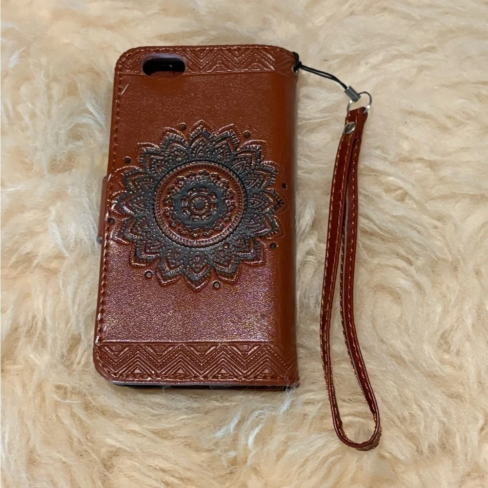 Brown Leather Embossed Mandala Phone Wallet Case